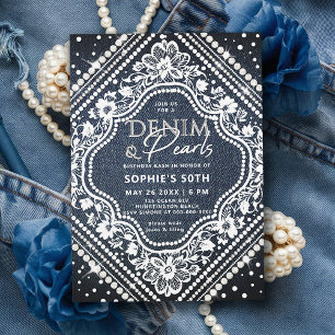 Invitación Denim Pearls Lace Elegante Moderno 50 cumpleaños