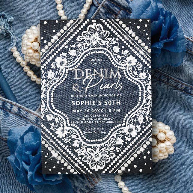 Invitación Denim Pearls Lace Elegante Moderno 50 cumpleaños (denim lace pearls birthday invitation 50th party elegant diamond shape frame classy modern chic)