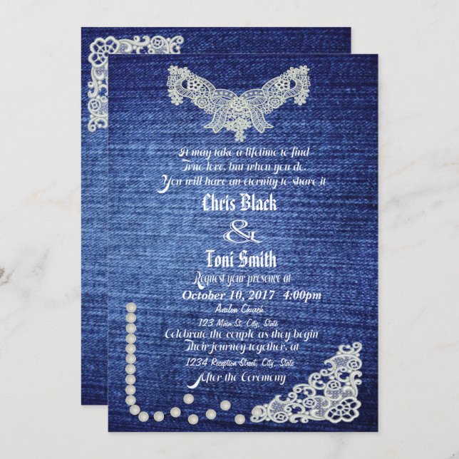 Invitación Denim, Pearls & Lace Wedding Invite (Anverso / Reverso)