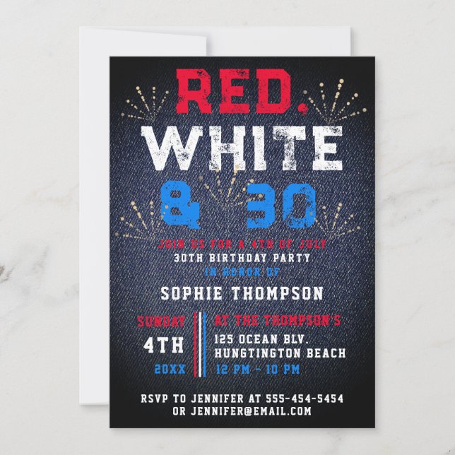 Invitación Denim Red White 4 de Julio Patriótico 30 cumpleaño (Anverso)