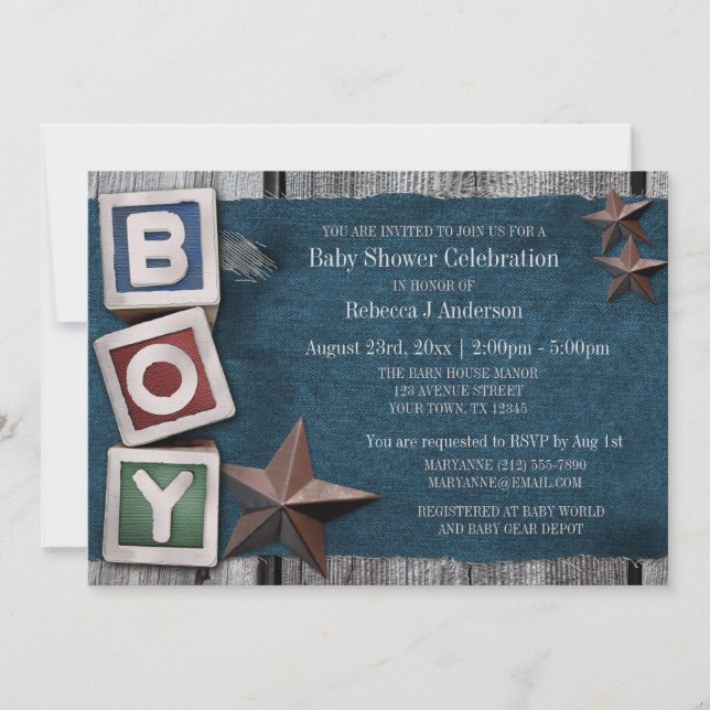Invitación Denim, Stars & Blocks Country Boy Baby Shower (Anverso)