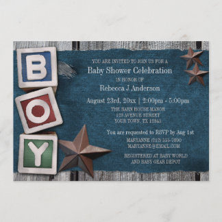 Invitación Denim, Stars & Blocks Country Boy Baby Shower