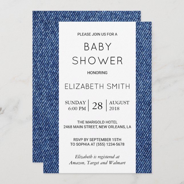 Invitación Denim Texture, Blue Denim, Baby Shower (Anverso / Reverso)