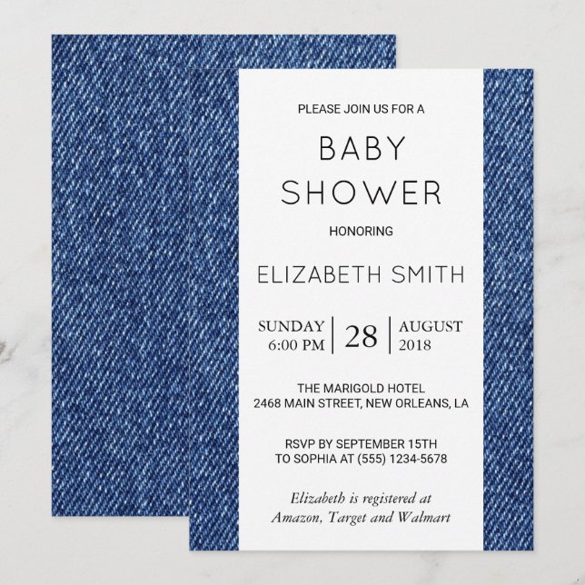 Invitación Denim Texture, Blue Denim, Baby Shower (Anverso / Reverso)