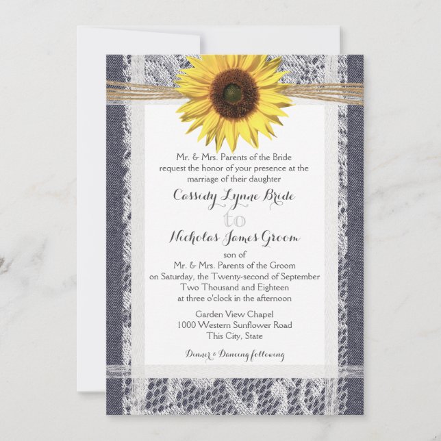 Invitación Denim y Boda de girasoles de encaje (Anverso)