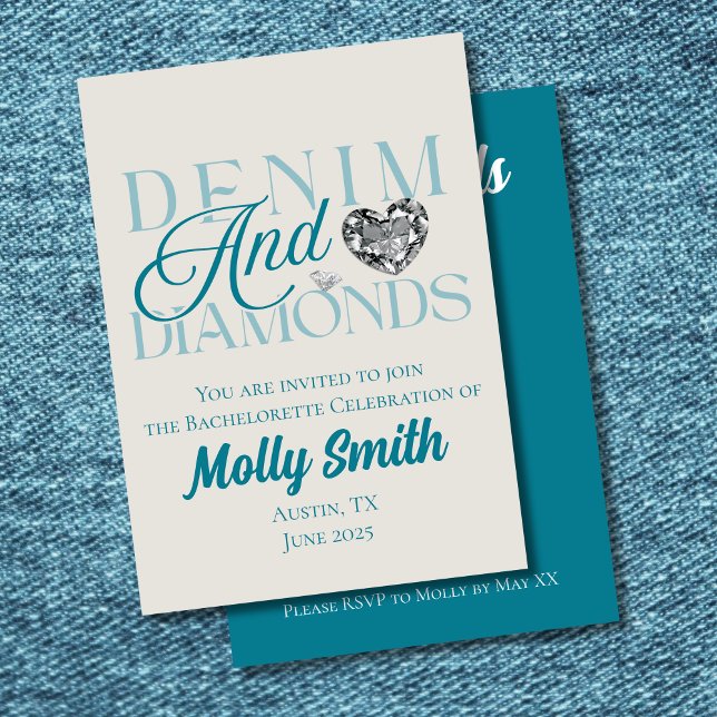 Invitación Denim y diamantes - Bachelorette Occidental (Denim and Diamonds invite with modern serif font – perfect for bachelorette or bridal celebrations!)