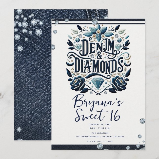 Invitación Denim y Diamantes Bordado Floral Dulces 16 (Anverso / Reverso)