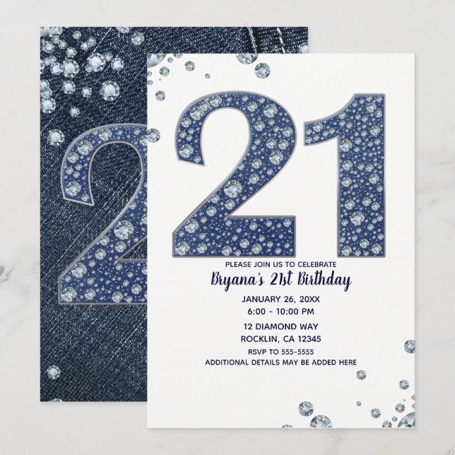 Invitación Denim y Diamantes Brillante Brillo 21 Cumpleaños 2 (Anverso / Reverso)