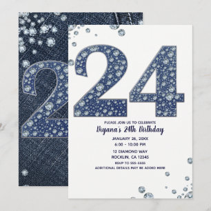 Invitación Denim y Diamantes Brillante Brillo 24 Cumpleaños 2