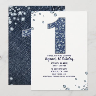 Invitación Denim y Diamantes Brillante Brillo Cumpleaños 1 UN