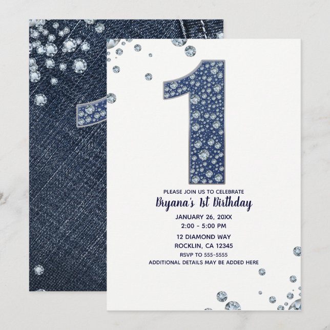 Invitación Denim y Diamantes Brillante Brillo Cumpleaños 1 UN (Anverso / Reverso)