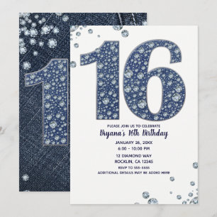 Invitación Denim y Diamantes Brillo Destello Dulces 16 Cumple