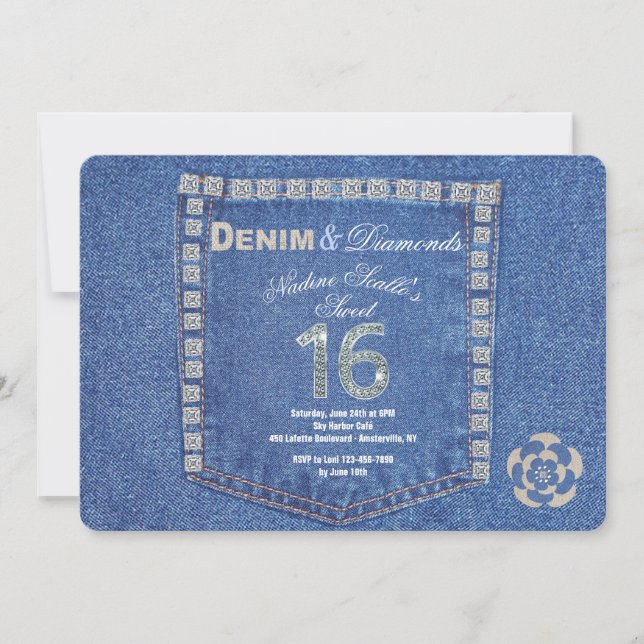 Invitación Denim y Diamantes Dulce Dieciséis Cumpleaños (Anverso)