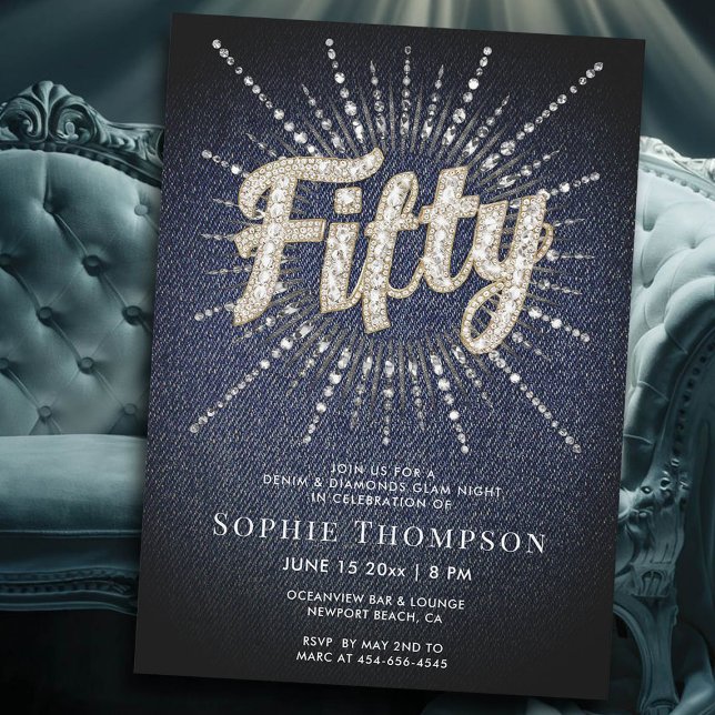 Invitación Denim y Diamantes Fabulous Glam 50th Birthday (denim diamonds 50th birthday women fabulous invitation)
