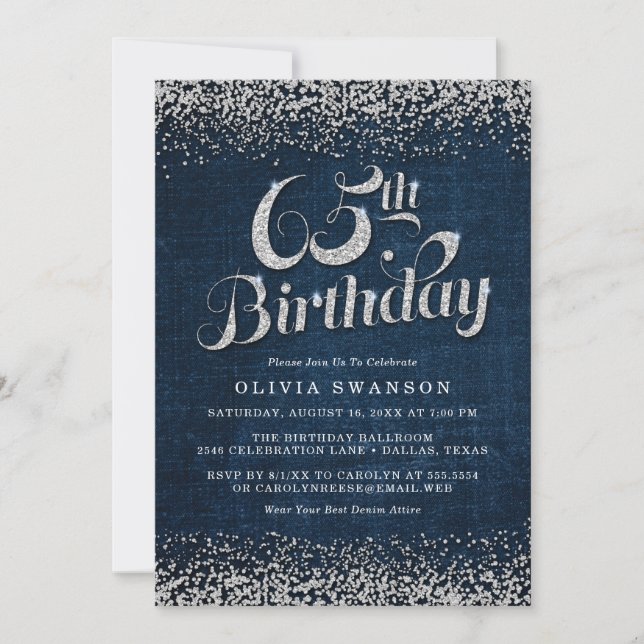 Invitación Denim y Diamantes Fiesta de Cumpleaños 65 (Anverso)