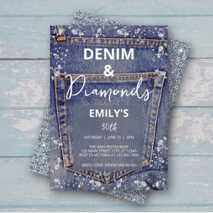 Invitación Denim y Diamonds Bling Jean Glam Fiesta de Cumplea