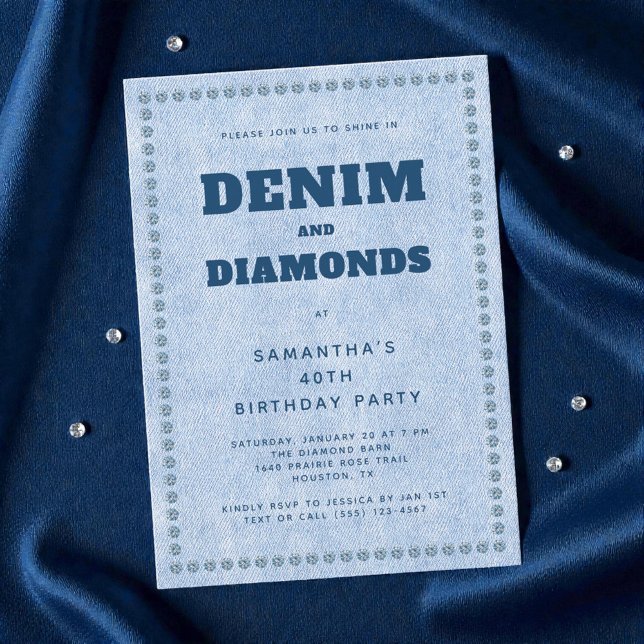 Invitación Denim y Diamonds Blue Jeans 40 cumpleaños Fiesta (Denim and Diamonds Blue Jeans 40th Birthday Party Invitation)