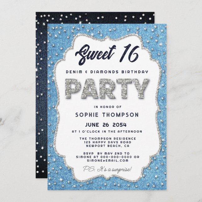 Invitación Denim y Diamonds Purpurina Frame Sweet 16 Fiesta (Anverso / Reverso)