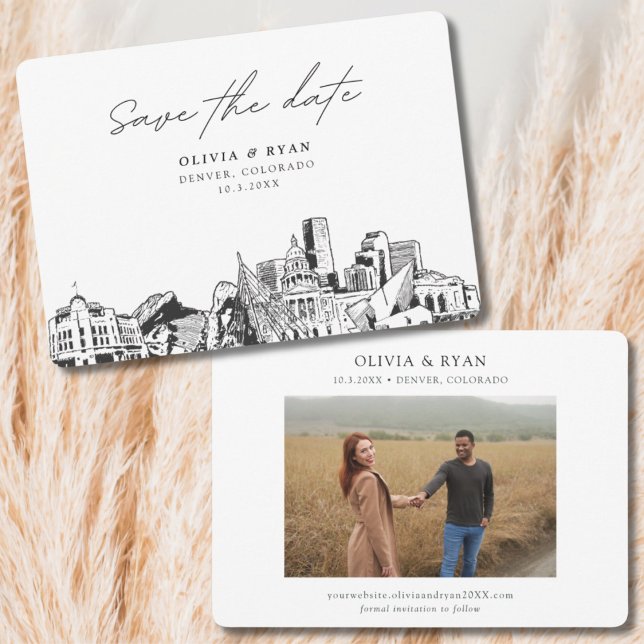 Invitación Denver Boda Modern Save the Date (Denver Wedding Save the Date with Engagement photo)