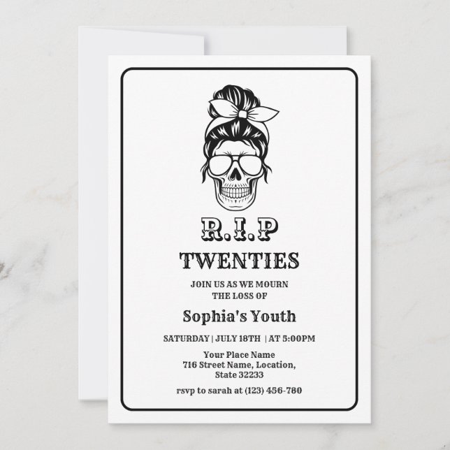 Invitación DEP 20s Muerte a mi Juventud Fiesta de Cumpleaños  (Anverso)