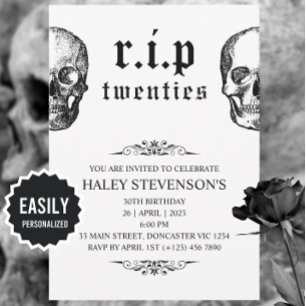 Invitación DEP 20s Veinteañero Divertido Funeral Calavera Cum