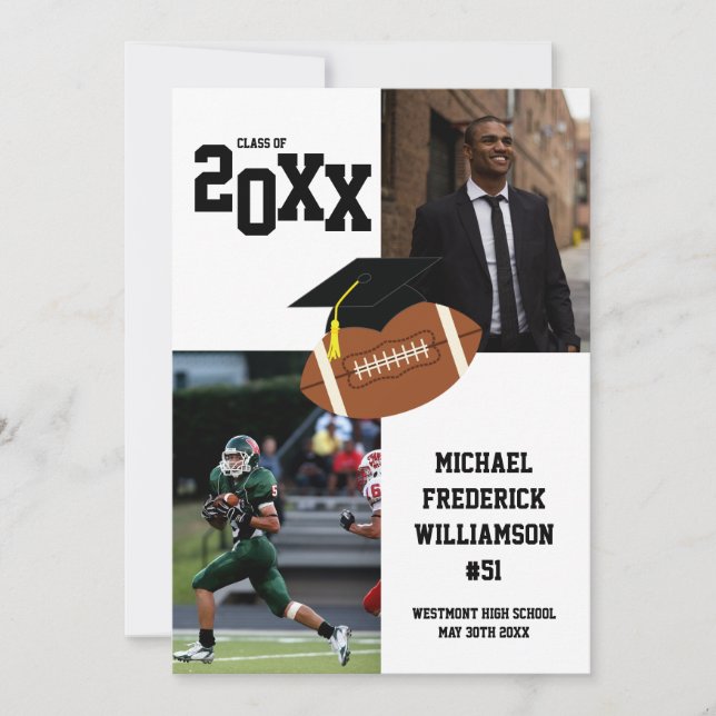 Invitación Deporte de graduación de fútbol negro y blanco (Anverso)