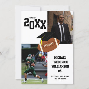 Invitación Deporte de graduación de fútbol negro y blanco