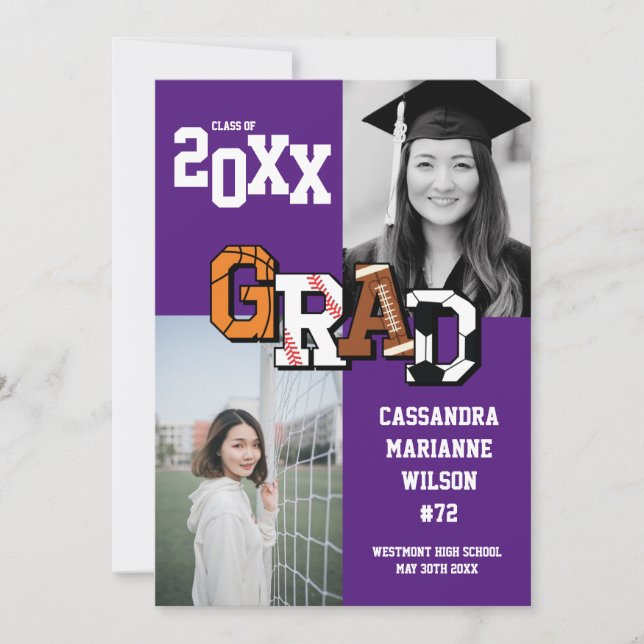 Invitación Deporte Graduación Fútbol Baloncesto Púrpura (Anverso)