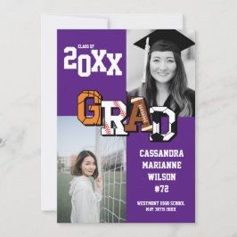 Invitación Deporte Graduación Fútbol Baloncesto Púrpura