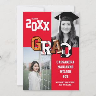 Invitación Deporte Graduación Fútbol Baloncesto Rojo