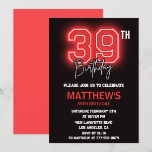 Invitación Deporte para hombres Neon Negro Rojo cumpleaños 39