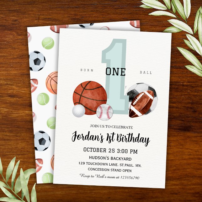 Invitación Deportes acuáticos "Nacidos para la pelota" Primer (Watercolor Sports "Born to Ball" 1st Birthday Invitation
)