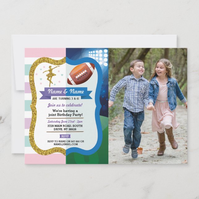 Invitación Deportes de cumpleaños conjuntos de ballet y fútbo (Anverso)
