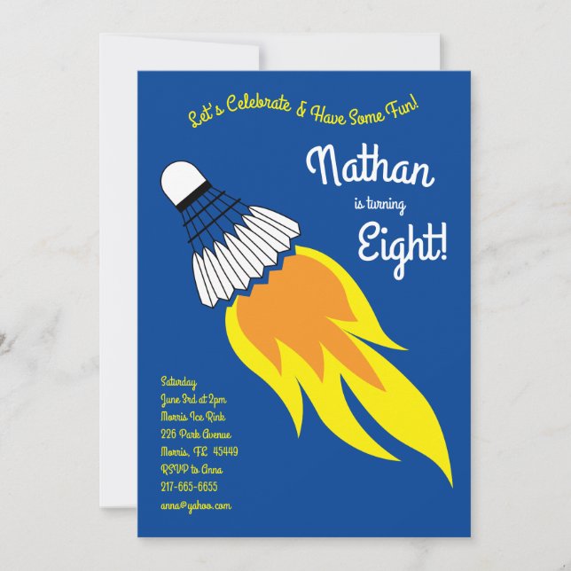 Invitación Deportes de cumpleaños de niños de Badminton (Anverso)