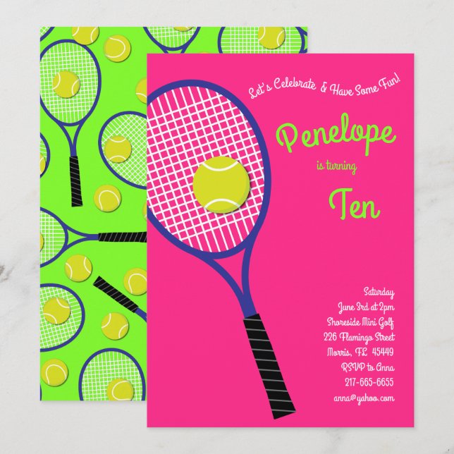 Invitación Deportes de tenis Niños Fiesta de cumpleaños Chica (Anverso / Reverso)