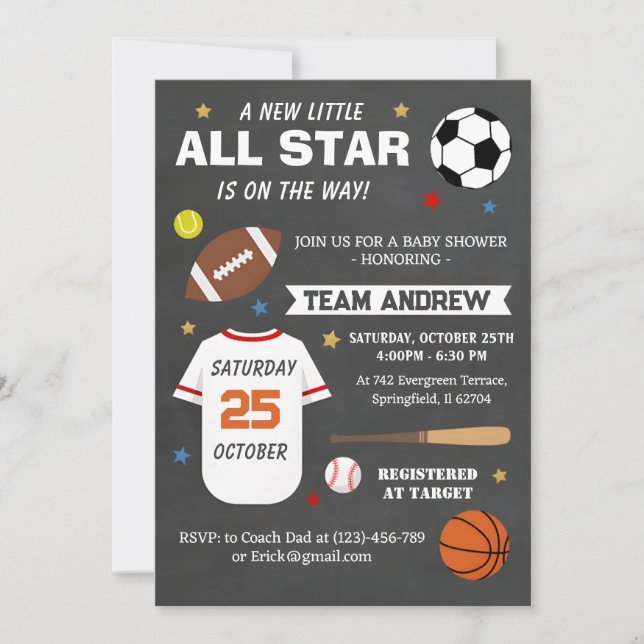 Invitación Deportes personales All Star Baby Shower (Anverso)