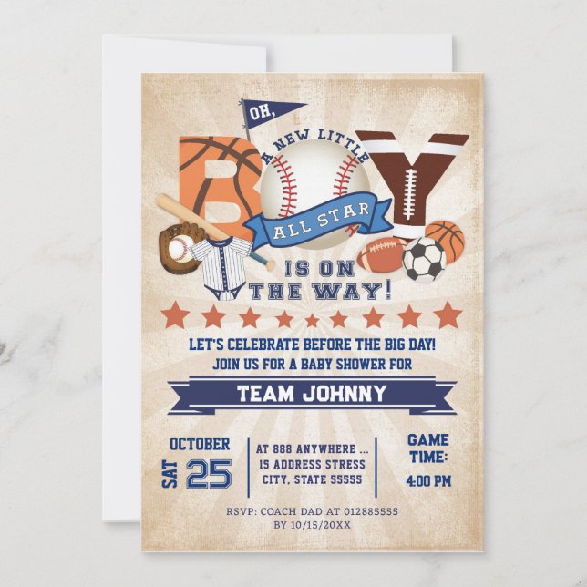 Invitación Deportes personales All Star Baby Shower (Anverso)