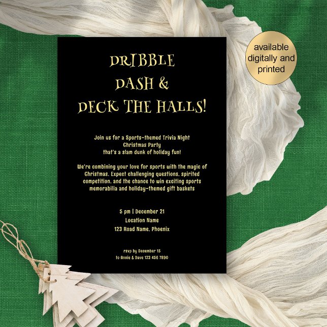 Invitación Deportes Trivia Tema Oro Navidades Negros Fiesta (Available digitally or printed for your festive sports trivia quiz night or edit as desired!)