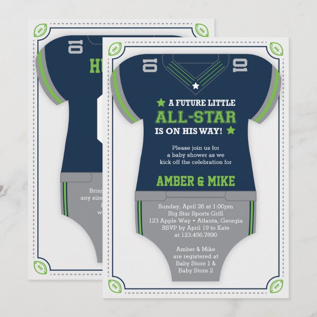 Invitación deportiva a Baby Shower, azul, verde (Anverso / Reverso)