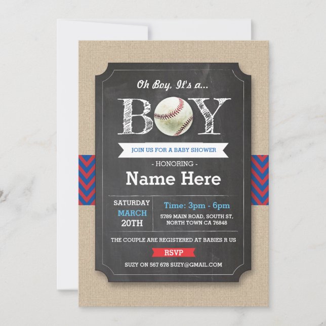 Invitación deportiva Baby Shower Blue Red Boy (Anverso)