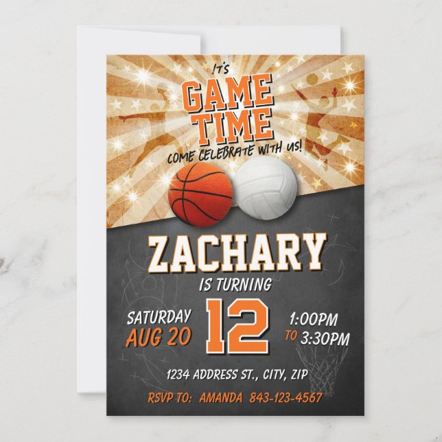 Invitación deportiva de cumpleaños Baloncesto y vo (Anverso)