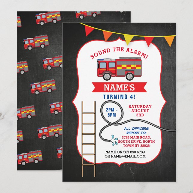 Invitación Dept. fiesta de cumpleaños del camión de motor de  (Anverso / Reverso)