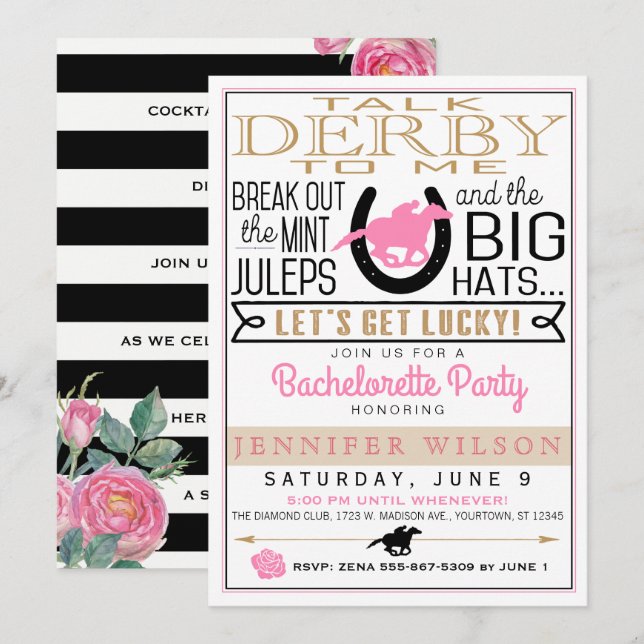 Invitación Derby Bachelorette Party Black/Gold/Rosa Rosa (Anverso / Reverso)