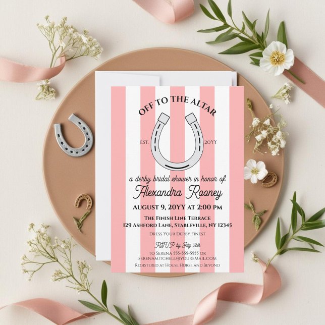 Invitación Derby Bridal Shower Pink Cabana Stripes Horseshoe (Pink cabana stripes and a horseshoe for a chic derby themed bridal shower)