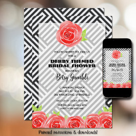 Invitación Derby Bridal Shower, Rosa de franja blanca negra