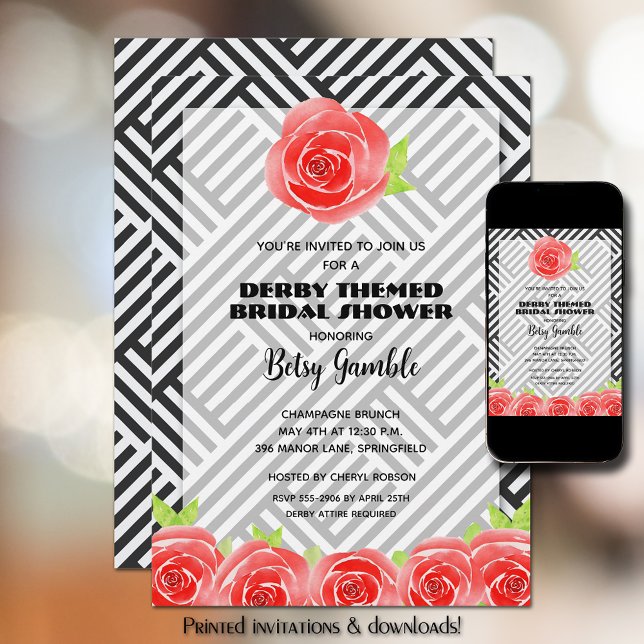 Invitación Derby Bridal Shower, Rosa de franja blanca negra (Subido por el creador)
