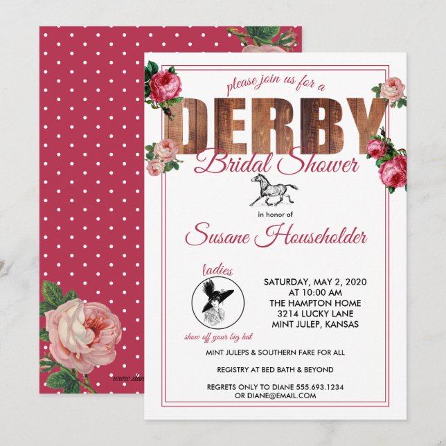 Invitación Derby Bridal Shower Rosas de Carreras de caballos (Anverso / Reverso)