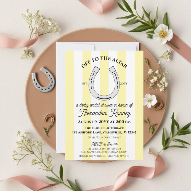 Invitación Derby Bridal Shower Yellow Cabana Stripe Horseshoe (Off to the altar derby wedding shower invitation with butter yellow cabana stripes.)