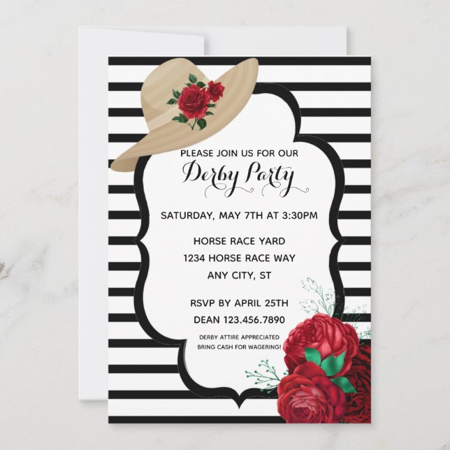 Invitación Derby Fiesta Roses Roses Rojas Stripes Racehorse I (Anverso)