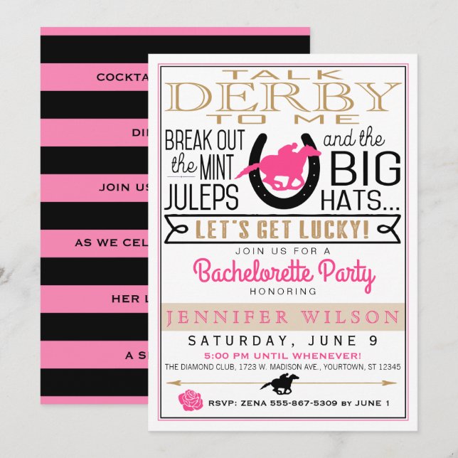 Invitación Derby Girly/Bachelorette Party Pink/Black/Gold (Anverso / Reverso)